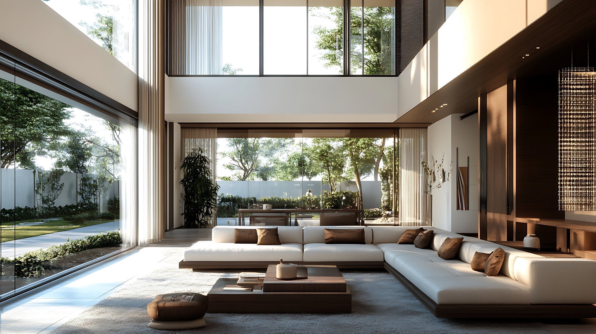 Living contemporaneo con vetrate scorrevoli e tende leggere a tutta altezza che filtrano la luce naturale.