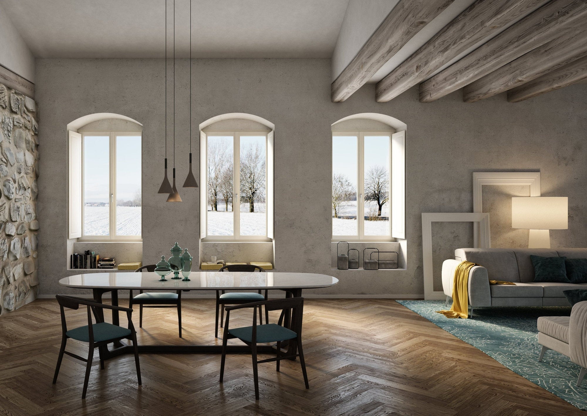 Zona pranzo con tre ampie finestre in PVC color avorio Oknoplast, inserite in parete con finitura materica, vista su paesaggio invernale innevato.