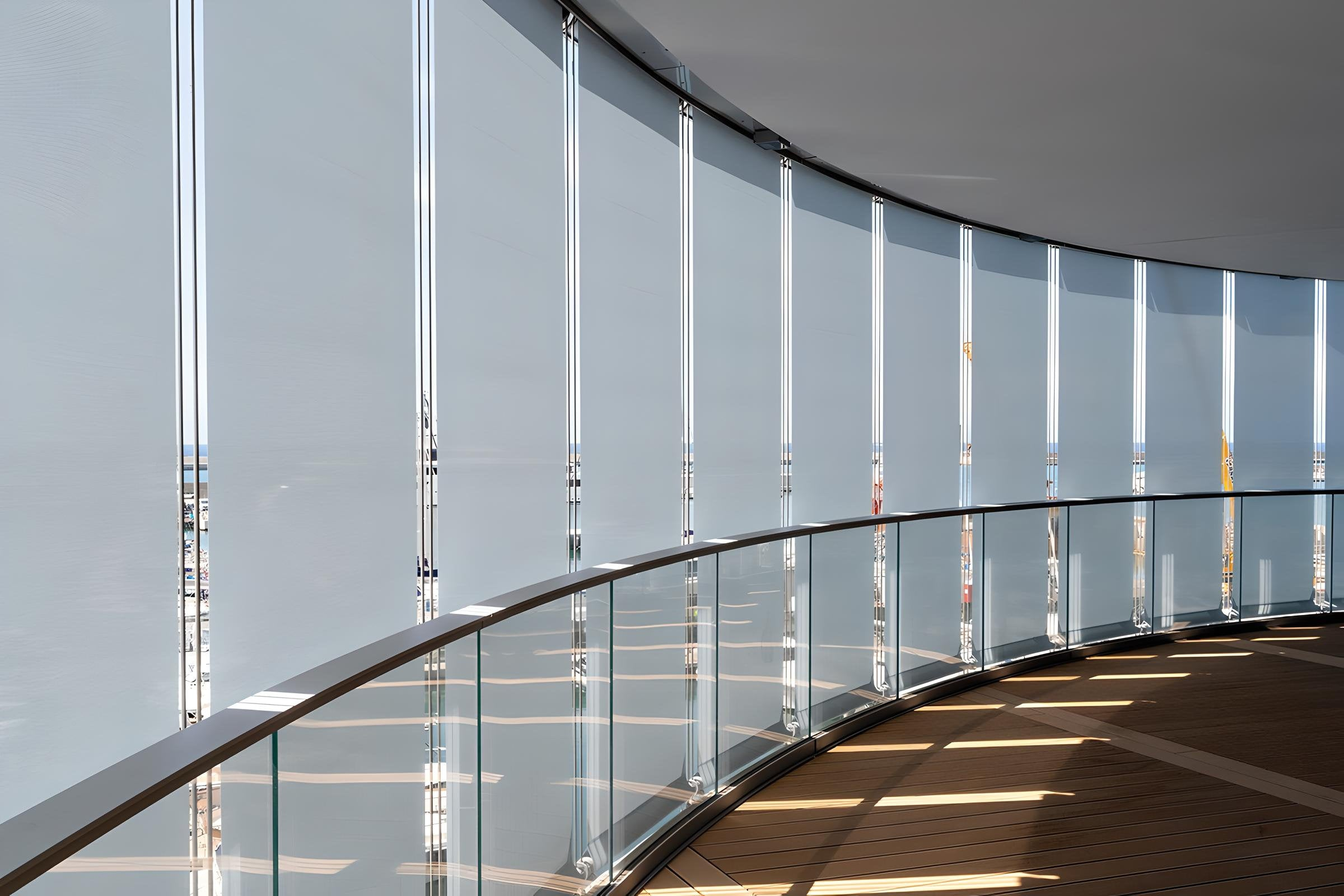 Vista interna di una vetrata curva con tende a rullo chiuse, installate in un edificio panoramico sul mare da Domotea Milano.