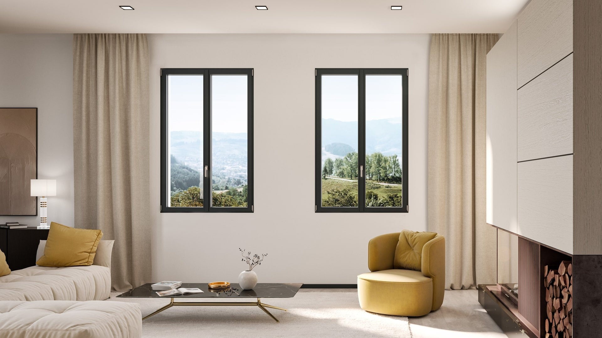 Soggiorno moderno con tre finestre in alluminio a battente, profilo minimale e vista su paesaggio collinare, arredato con toni chiari e accenti giallo senape.