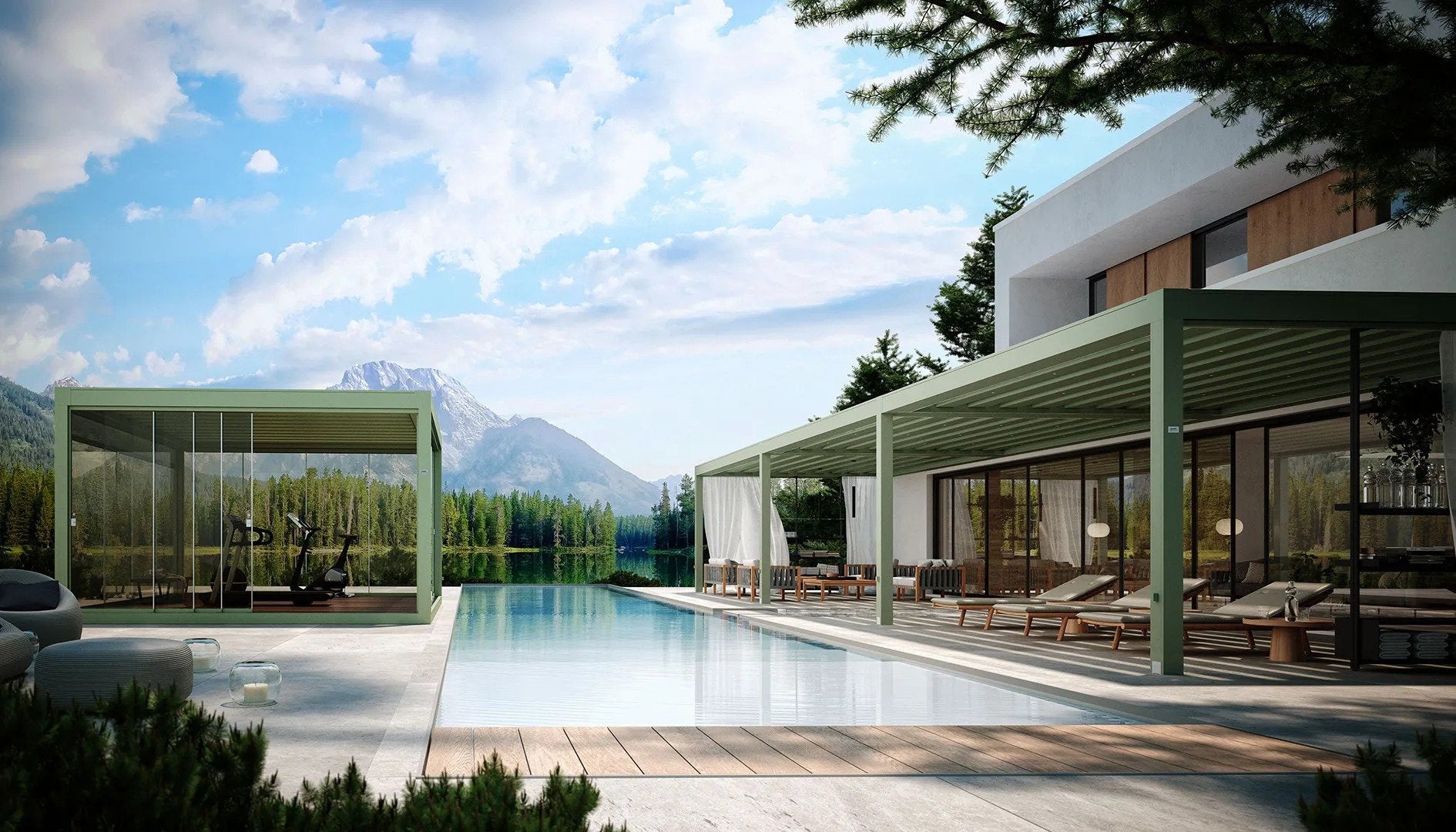 Vista su pergole bioclimatiche con struttura verde chiaro a bordo piscina, realizzate con materiali resistenti e di pregio