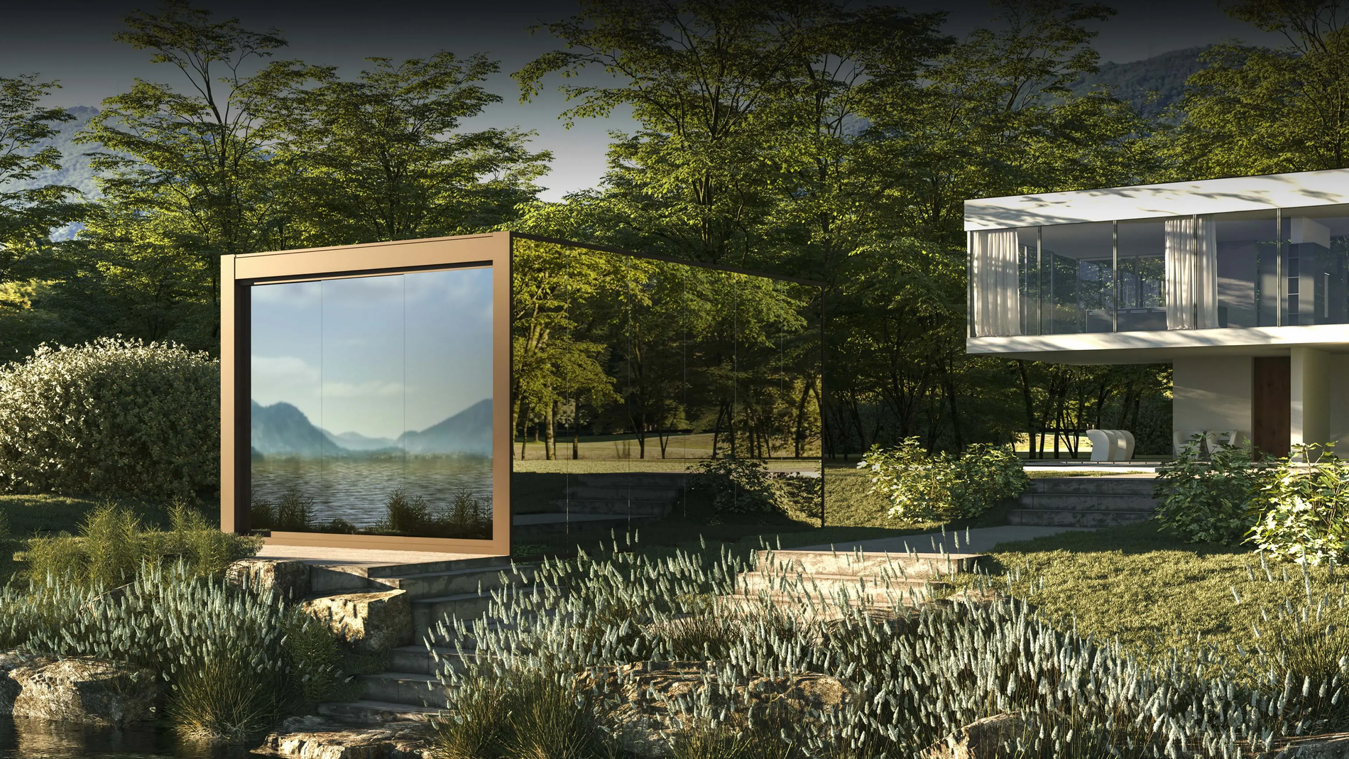 Struttura vetrata immersa nel verde con vista panoramica su lago e montagne – Domotea Milano, soluzioni per esterni con pergole e pareti scorrevoli