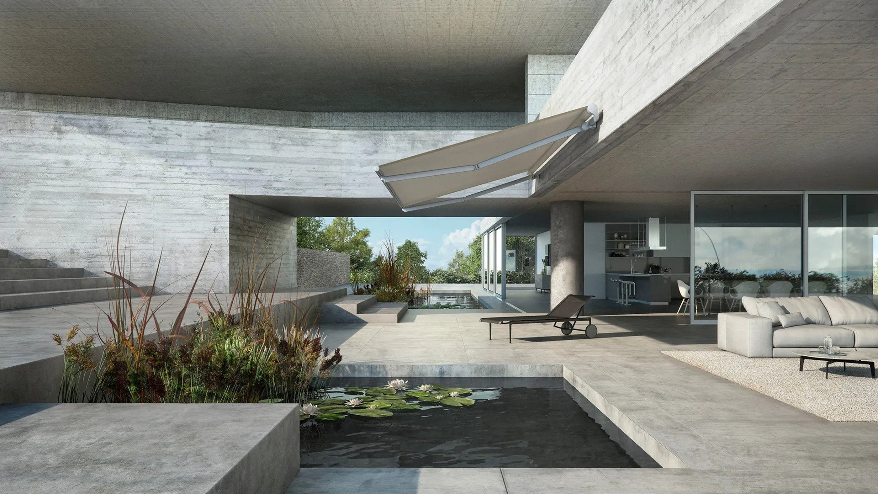 Patio moderno con copertura a bracci estensibili su struttura in cemento – Domotea Milano, tende da sole per architetture minimaliste