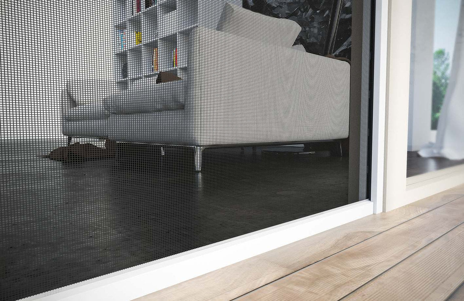 Vista interna attraverso zanzariera applicata su porta finestra scorrevole – Domotea Milano