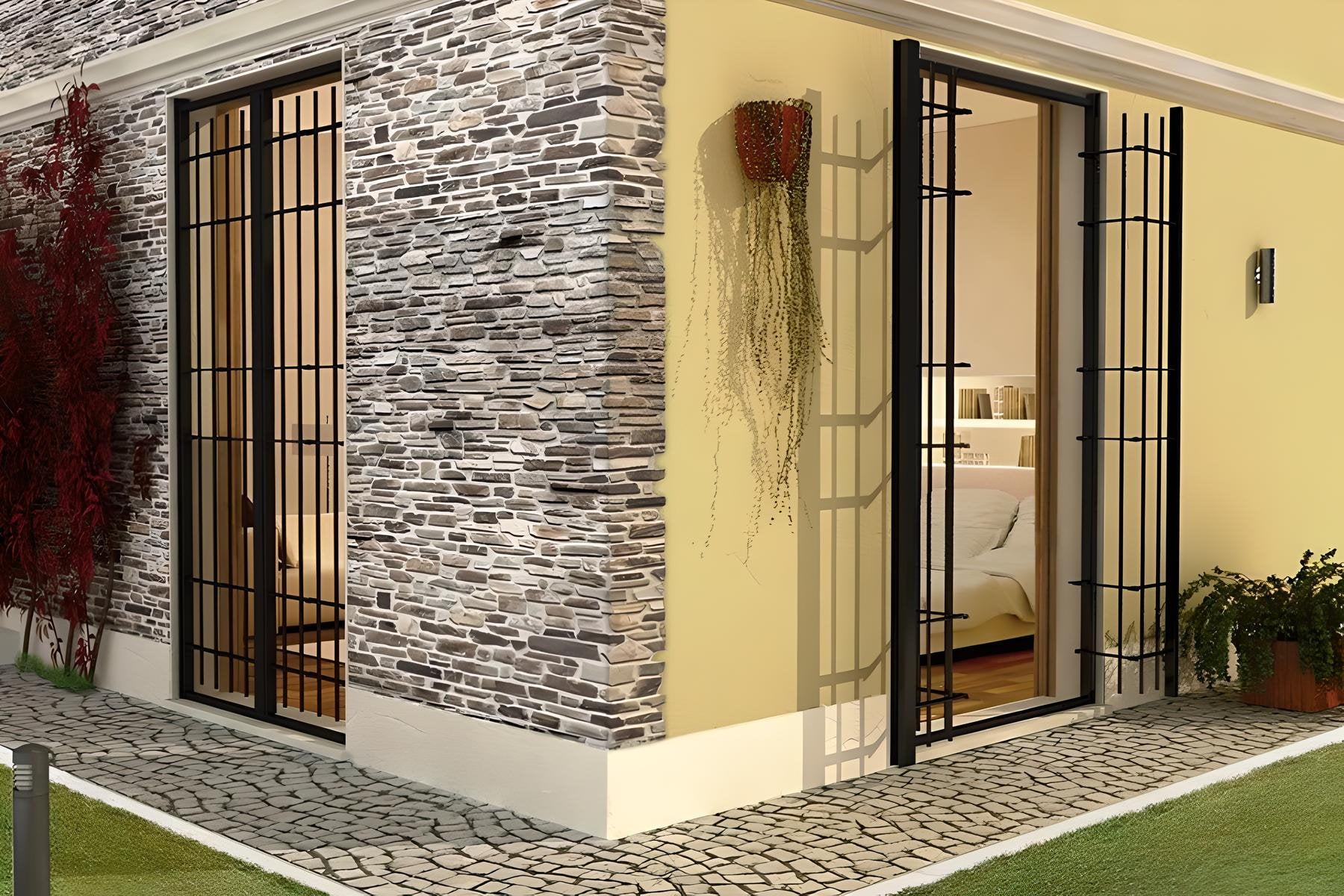 Inferriate di sicurezza apribili installate su porte-finestre in una parete angolare con rivestimento in pietra e intonaco, in un contesto residenziale con giardino.