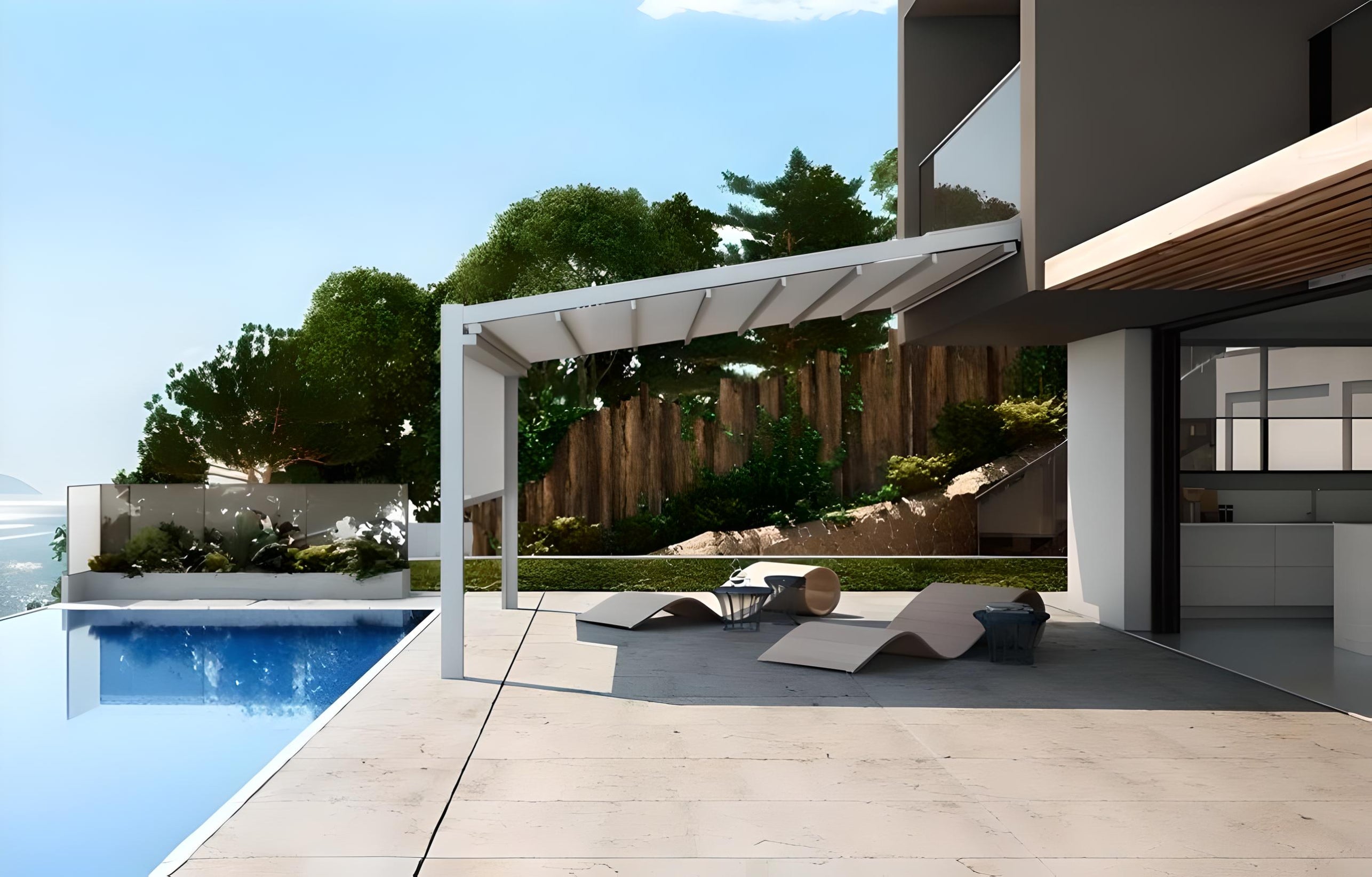 Tenda a pergola Fusion Pratic in un elegante spazio esterno con piscina e giardino.