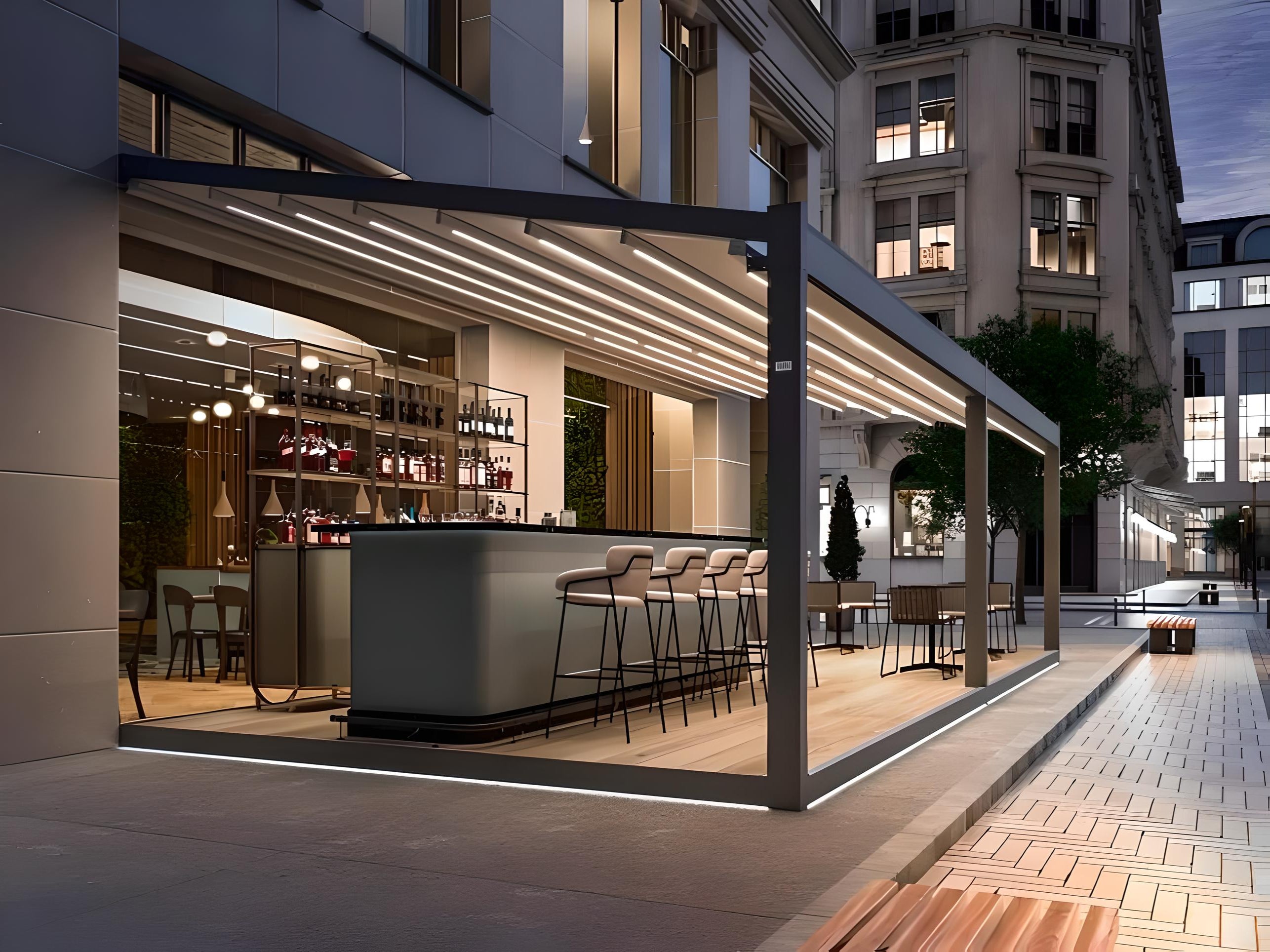 Modern outdoor bar with a pergola structure, illuminated seating area, and stylish design in an urban setting.