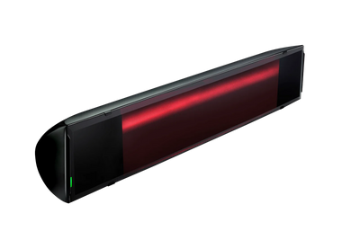 Riscaldatore a infrarossi Heliosa Radio Black Evo nero, con elemento riscaldante acceso.