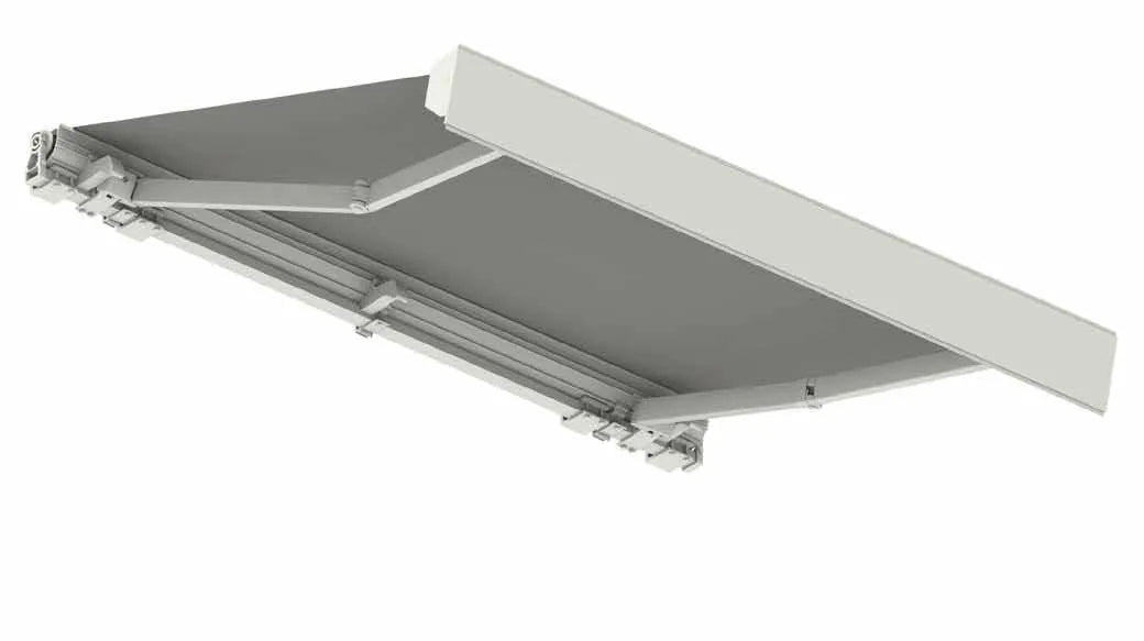 Rendering della tenda Inca di KE con telo, bracci estensibili e terminale frontale.